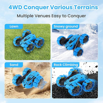 RC Stunt Car 360° Flips &amp Double-Sided Remote Control Truck with LED Lights 2.4GHz High Speed All Terrain Off-Road Toy Car Gift for Boys Girls Kids Ages 6-12 (Blue)