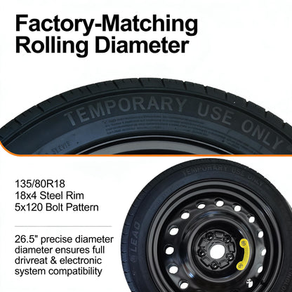Afolonsh Spare Tire Kit Compatible with 2019-2026 Cadillac CT5 And CT5-V | 135/80R18 Spare Wheel on 18x4 Rim | 5x120 Bolt Pattern | 26.5" Rolling Diameter | Includes Car Jack Kit & Tire Carrying Case