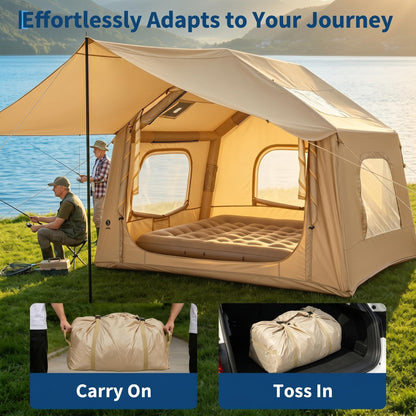 Inflatable Camping Tent for 3-5 Person, Quick Setup Blow Up Tent with Canopy, Waterproof 4 Season Air Glamping Tent with Skylight, Mesh Windows & Stove Jack, for Camping, Beach, Outdoor