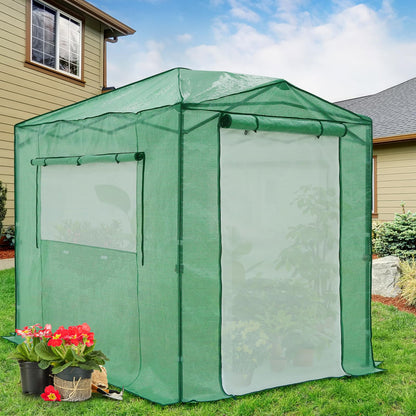EAGLE PEAK 8x6 Portable Walk in Greenhouse, Pop Up Indoor Outdoor Greenhouse, Green House Kit with Zippered Roll-Up Doors and Windows + Mesh Lined Door, PE Cover, Clear/Green