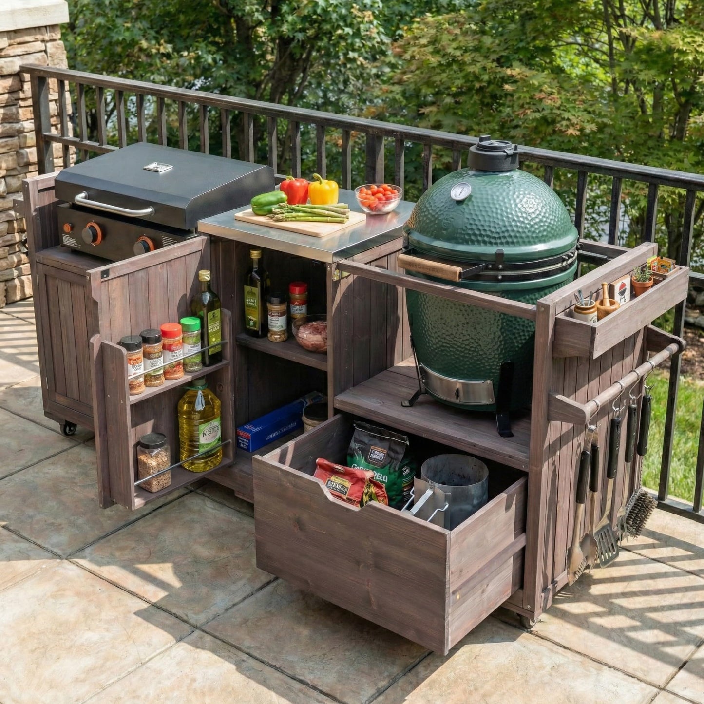 Merax 80.5" Outdoor Kitchen Island for Big Green Egg& Blackstone Griddle,Solid Wood Grill Cart Table with Stainless Steel Top,Drawer for Large Big Green Egg and 21"/28" Blackstone Griddle,Dark Brown