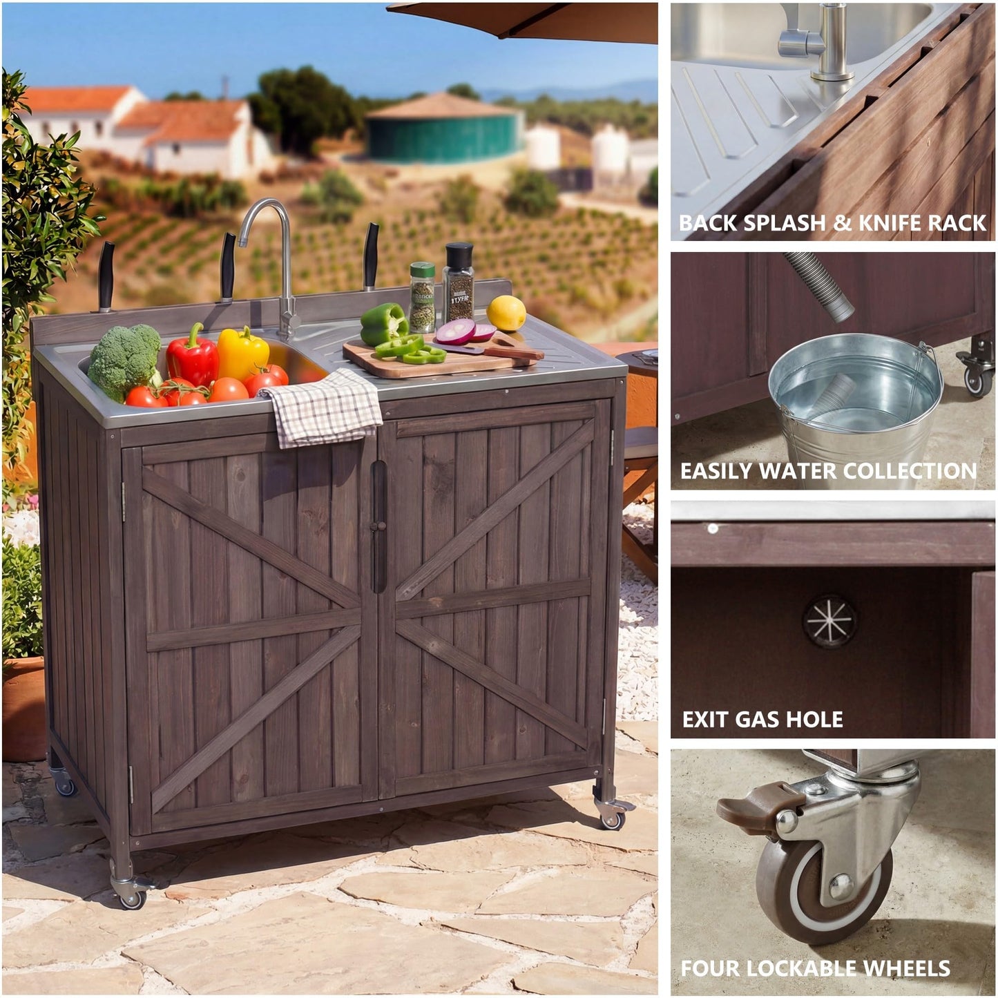 Merax Farmhouse 39.4" Outdoor Grill Cart with Stainless Steel Sink & Back Splash, Wood Rolling BBQ Prep Table w/Storage Cabinet & 4 Lockable Wheels for Patio and Outdoor Cooking,Dark Brown