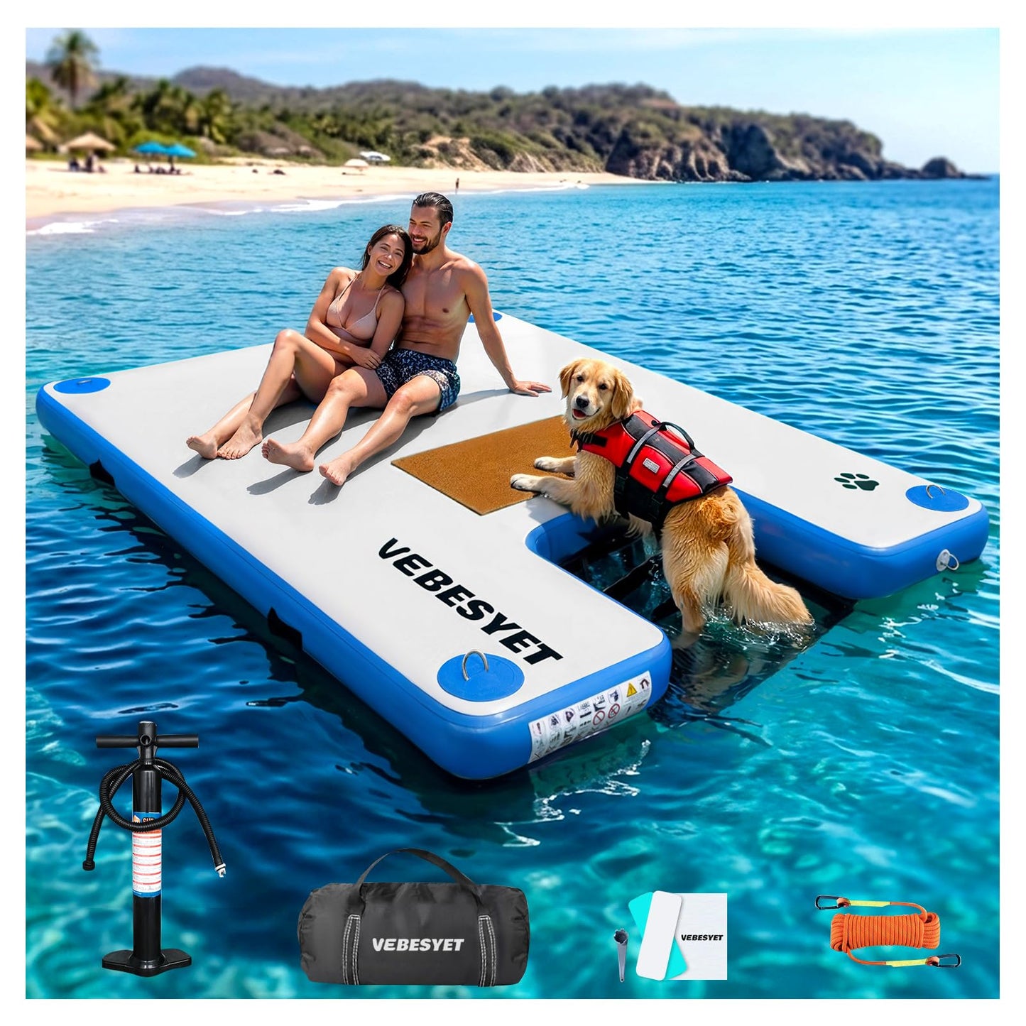 VEBESYET Inflatable Dock with Water Ramp, 6 inch Thick Non-Slip Inflatable Floating Dock for Dogs & Adults, Durable Drop-Stitch Floating Dock Platform for Lake, Ocean, Swimming & Fishing