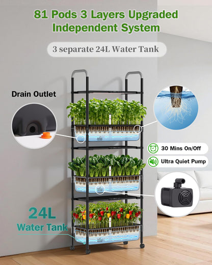 Growell Large Hydroponics Growing System Kit, Vertical Indoor Herb Garden Kit with LED Grow Light & Independent Water Pump, 42L Movable Indoor Planter Perfect Gardening Gifts (3 Tier-81 Pods, Black)