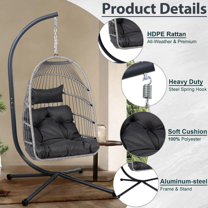 KEIKI Egg Chair - Foldable Rattan Hanging Chair with Stand & Cushion, 350LBS Capacity, Indoor Outdoor Basket Chair for Patio, Garden, Bedroom, Balcony - Black and Gray Wicker Hammock Swing Chair