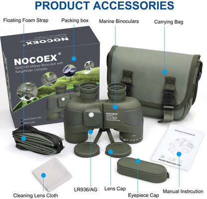 NOCOEX 10x50 Marine Binoculars for Adults, Military Binoculars Waterproof with Rangefinder Compass BAK4 Prism FMC Lens Fogproof for Navigation Boating Fishing Water Sports Hunting