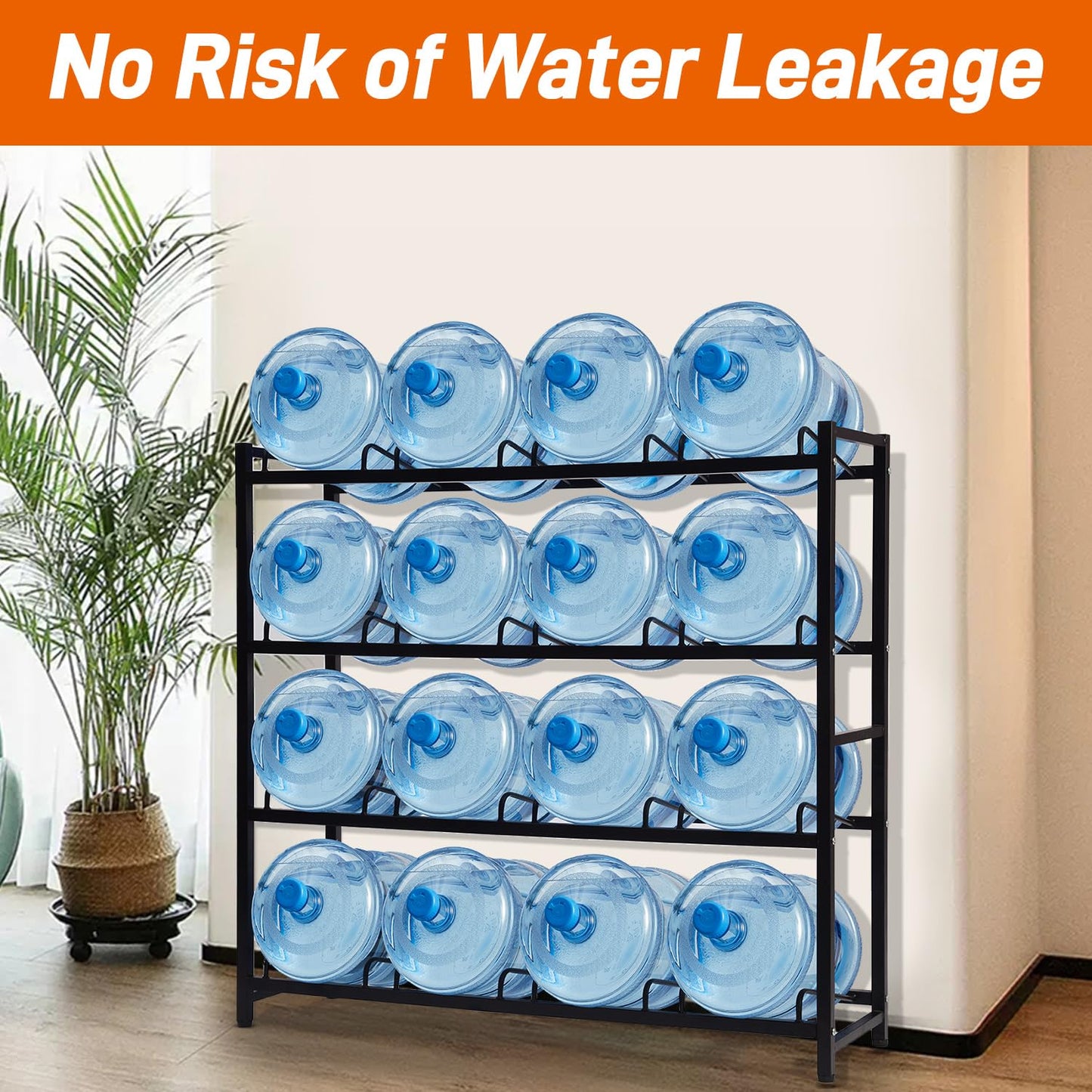UMORNING 16-Tray Water Cooler Jug Rack - Heavy Duty Carbon Steel 5 Gallon Water Dispenser Jug Holder Stand With 4-Tier Organizer For Home, Office, Kitchen, Warehouse - Black