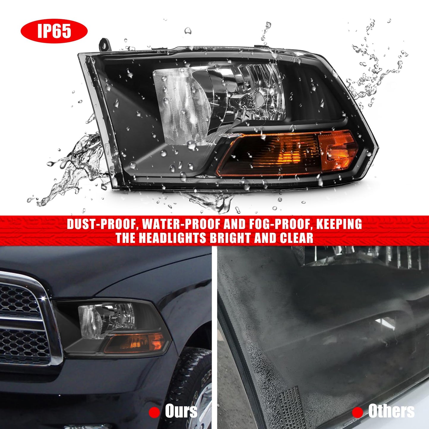 ADCARLIGHTS For 2009-2012 Dodge Ram 1500 2500 3500 Pickup Dual Cab Trims Headlights Black Housing Amber Reflector Driver and Passenger Side(Not fit Quad Models) Pair（W/O Bulbs）