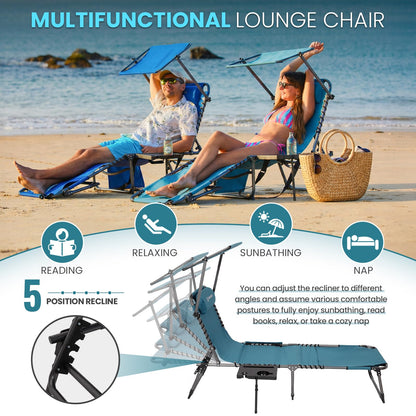 FUNDANGO 400lbs Tanning Chair with Face Hole & Canopy & Side Table, 5 Positions Beach Sunbathing Lounge Chair Facedown Chaise Lounge with Pillow for Pool Outdoor Camping Patio, Set of 2 Cyan