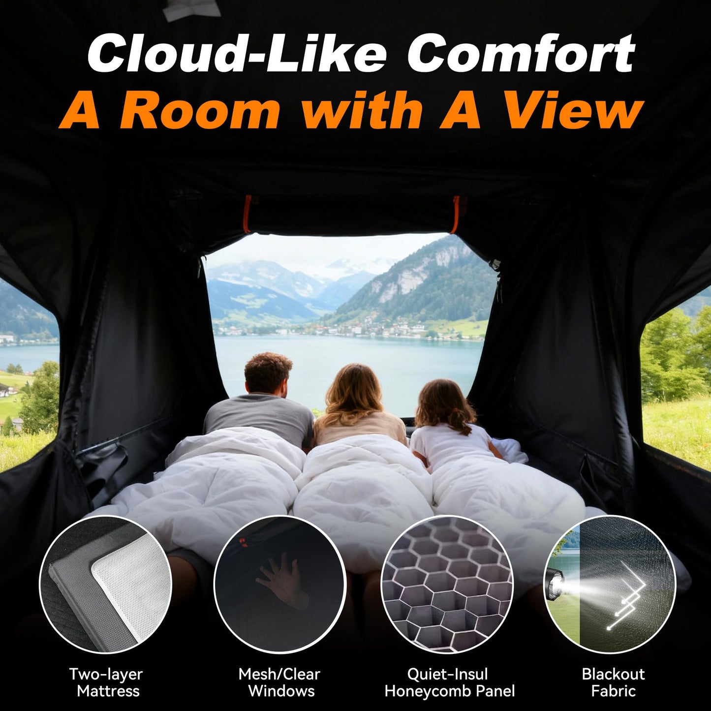 Naturnest Rooftop Tent Hard Shell, Easy Set Up Pop Up Large Tent for 2-3 Person Camping, Waterproof UV-Resistant Blackout 4 Season Tents for Truck, Jeep, SUV, Van, Trailer - Sirius 1 Plus