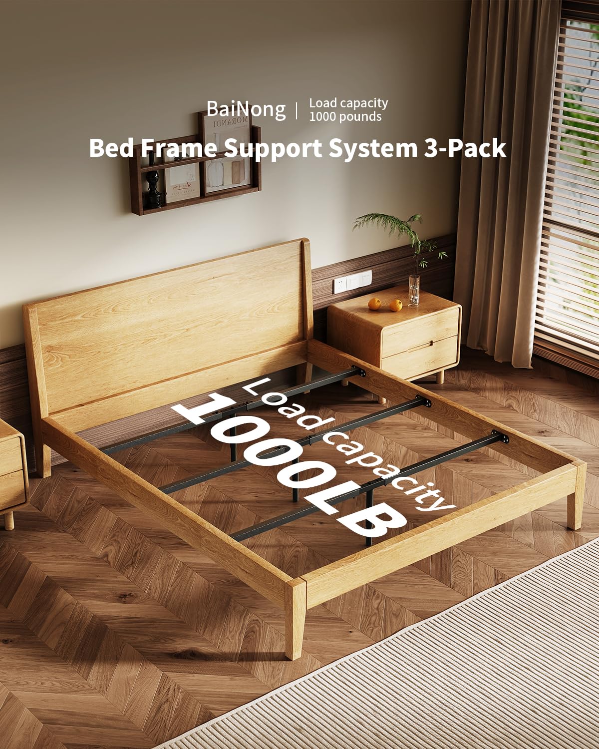 Bed Frame Support System 3Pack 58in-68in, Adjustable Bed Frame Center Support, Bed Support Slats for Queen and King Mattress, Box Springs, and Universal Bed Foundations (Black/3pack, 70Inch-80Inch)