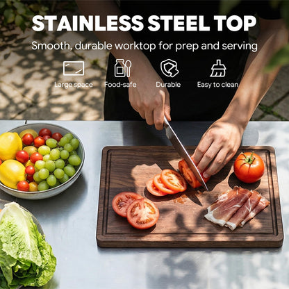 Feasto Outdoor Kitchen Island with Cabinet, Outdoor Grill Table with Stainless Steel Top for Pizza Oven& Griddles, Movable Bar Cart with Pull-Out Plate for Parties& Gathering, Heavy-Duty, L74”x W24”