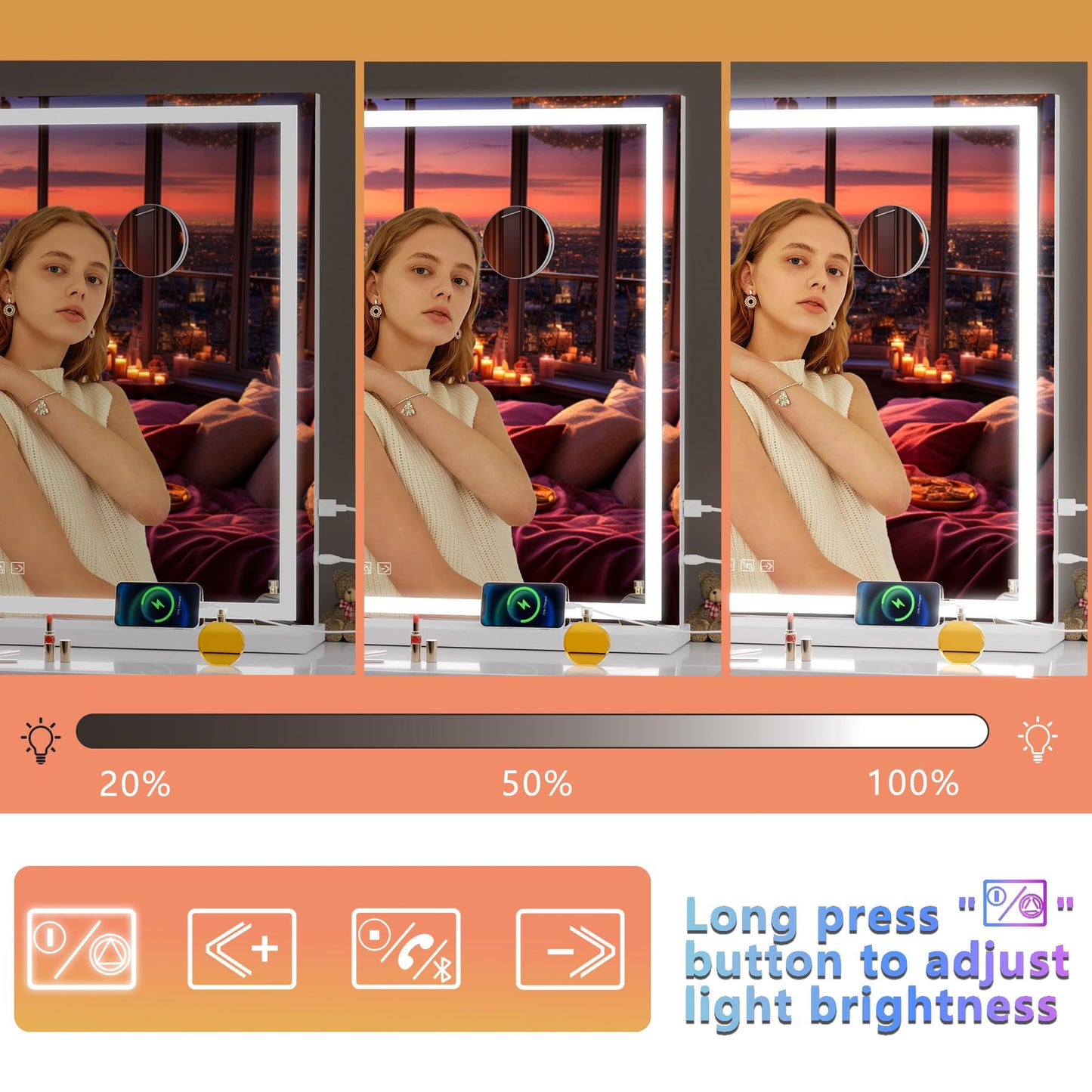 Hasipu Vanity Mirror with Lights and Bluetooth Speaker, 40" x 29.5" LED Makeup Mirror, Lighted Makeup Mirror with Dimmable 3 Modes, USB Charging Port, Square White