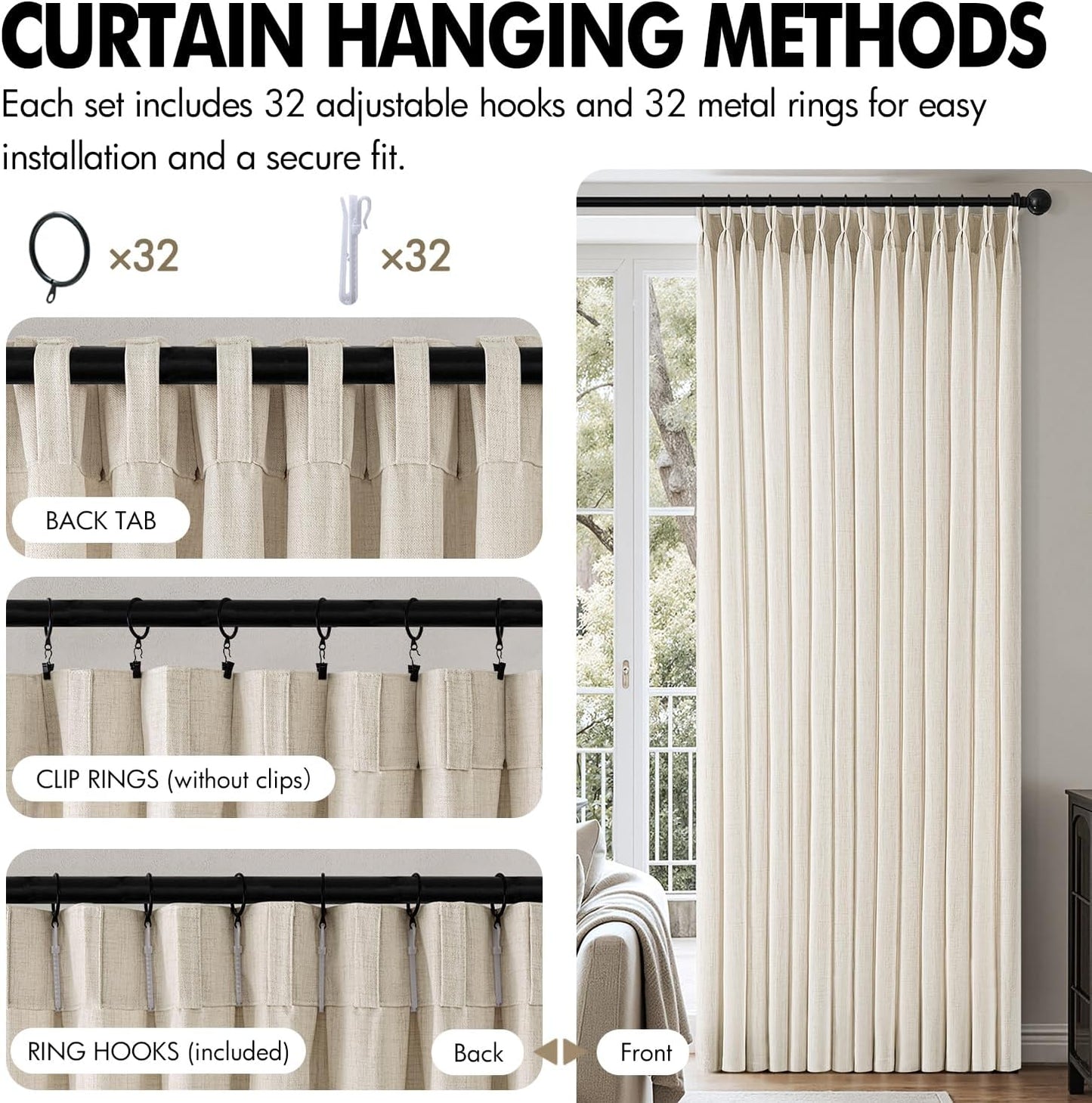 MIULEE Pinch Pleated Linen Curtains - 90-Inch Ivory Cream Semi-Sheer Drapes | 4 Panels for Light Filtering Privacy