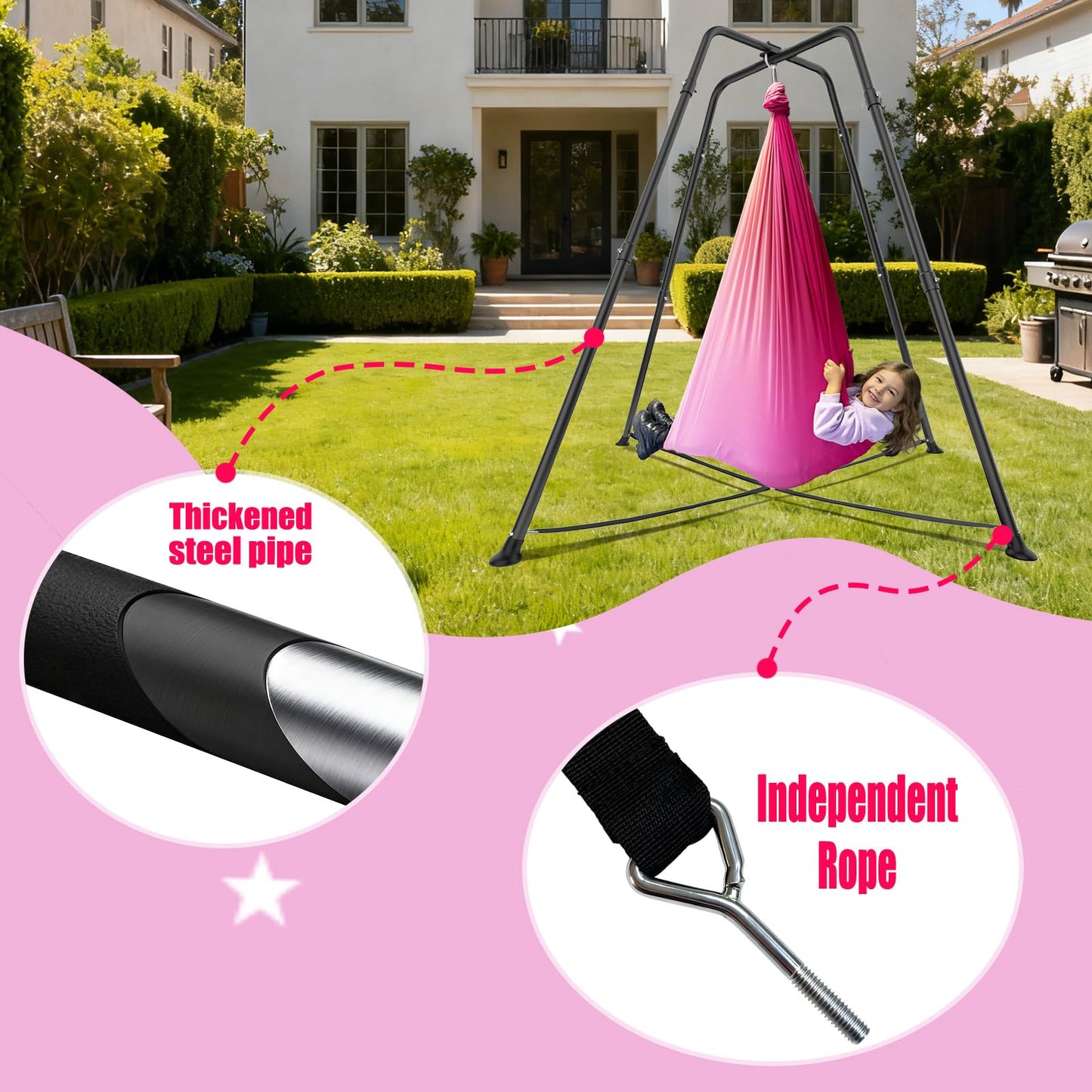 Swing Stand Frame with Sensory Pod Swings and Chair,X-Shaped Swing Set,Heavy-Duty Metal Hammock Chair Stand, Indoor Outdoor 330LBS(Pink)