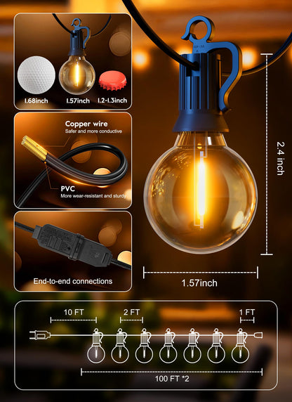 SmartDawn Outdoor String Lights, 200FT 100 LED Bulbs String Lights, IP65 Waterproof Connectable G40 Outside Patio Light for Backyard Porch Balcony Garden Decor Christmas Camping Gazebo