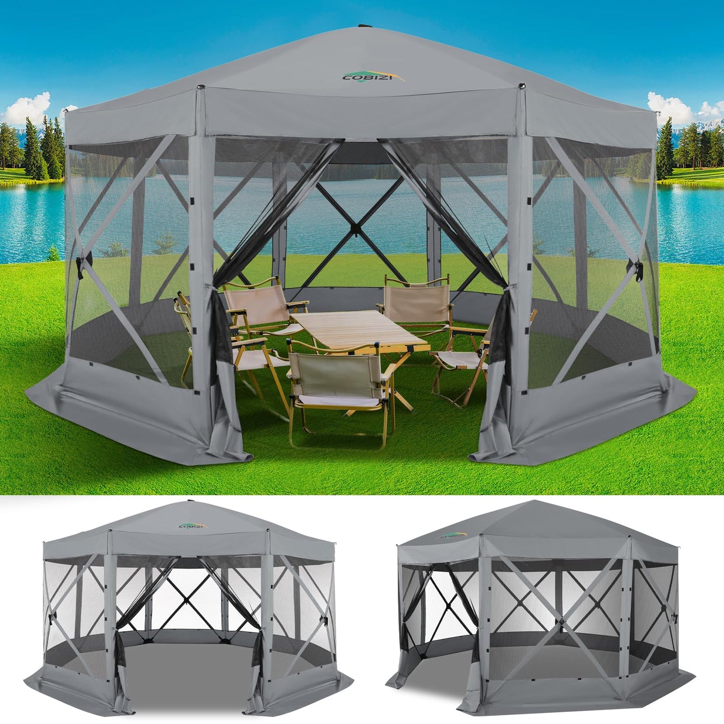 COBIZI 15x15 FT Pop Up Gazebo - Canopy Tent, Large Gazebos On Clearance with Sidewalls, Screened in Gazebo,carpas para Patio,Portable Screen Tents for 12-15 Persons Outdoor Camping, Backyard,Gray