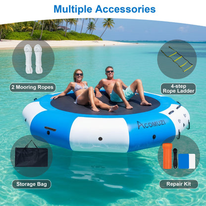 ACOMUZI Inflatable Water Trampoline for Lake Pool Ocean, 10FT/12FT/15FT Heavy Duty Floating Bounce Swim Platform with Ladder & Ropes, Inflatable Floating Dock for Family (NO Pump)