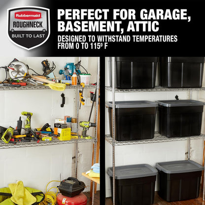 Rubbermaid 18 GAL Heavy-Duty Garage Storage Bins - Stackable, Durable Plastic Containers in Black & Grey