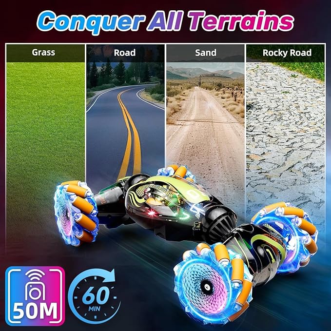 Gigilli Gesture Sensing RC Stunt Car with Spray Music Lights Remote Control Car Boys Toys Age 5-7 6-8 9 10 11 12 Birthday Easter Gifts Boys for Kids Grandkids Ages 4 7 13 Years Old 4WD Twist Drift