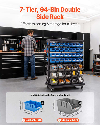 VEVOR 7-Tier Double-Sided Rolling Bin Storage Rack, 94 Plastic Bins, Dual-Sided Parts Organizer with Wheels, Mobile Tool Organizer for Garage, Warehouse, Office, Restaurant, Classroom, Kitchen