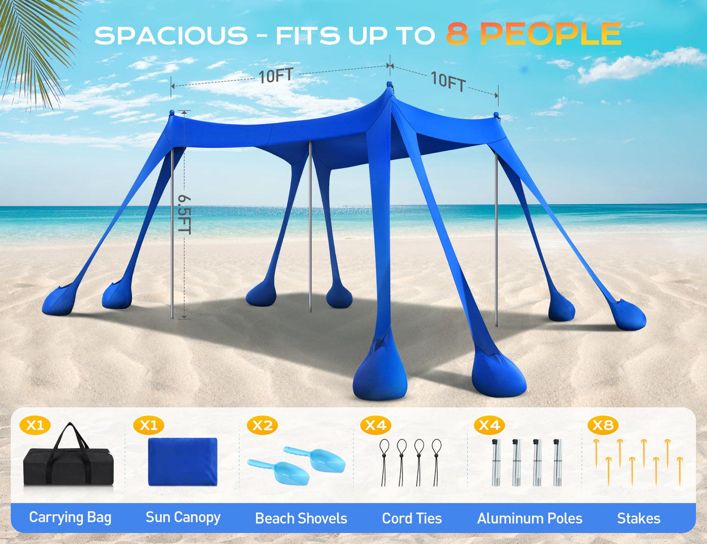 Rengue Beach Tent, Beach Canopy UPF50+ UV Protection, 10x10ft Beach Shade Sun Shelter with 8 Sandbags, Sand Shovels, Ground Pegs, Stability Poles for Camping, Fishing, Picnic, Backyard Fun, Royal Blue