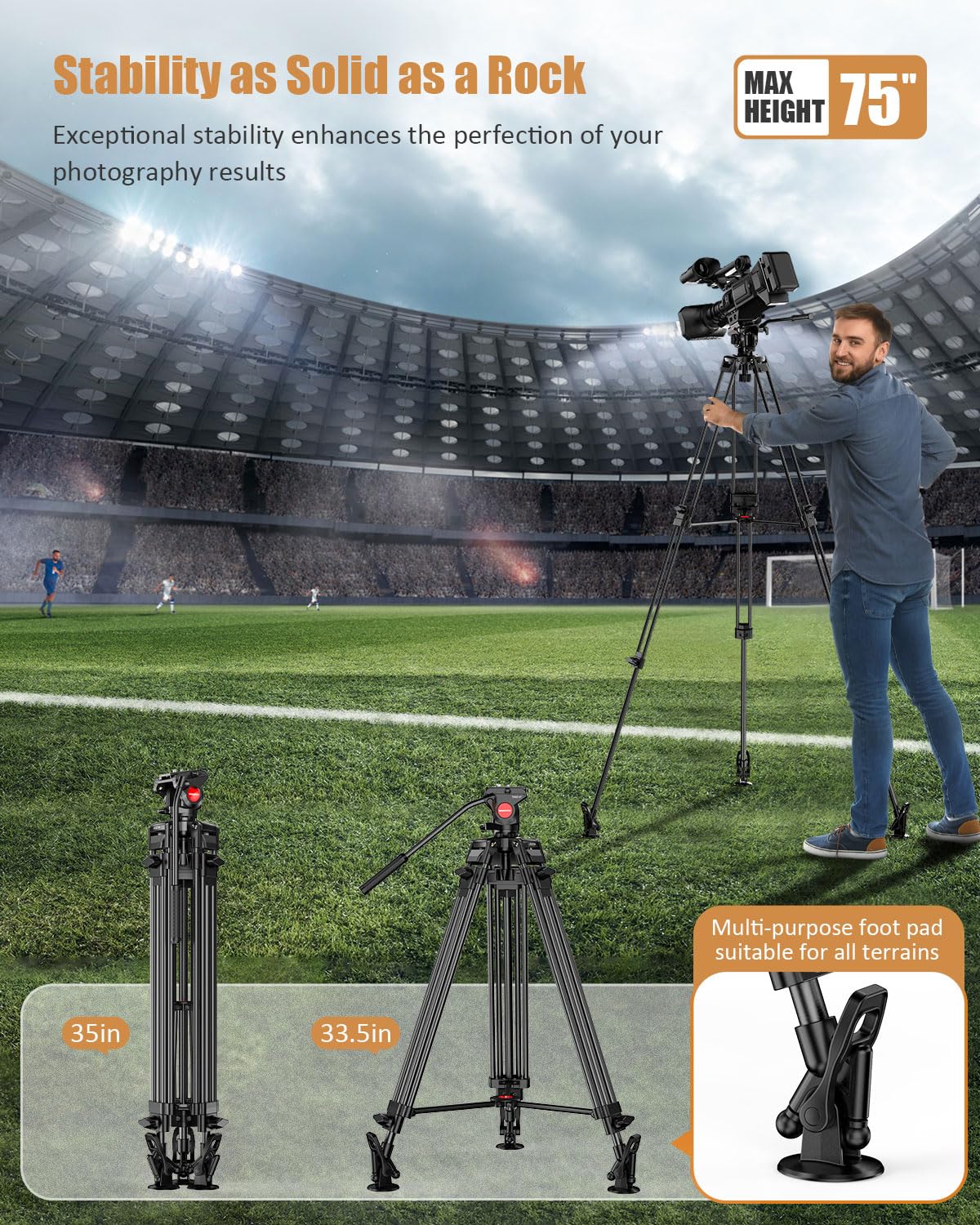 CAMBOFOTO 74" Video-Tripod-with-Fluild-Head, Professional Aluminum Heavy Duty Film Tripod Stand for Canon Nikon DSLR/SLR Camera Camcorder Telescope Bnoculars (Weight 9.1 lbs, Max Load 20 lbs)