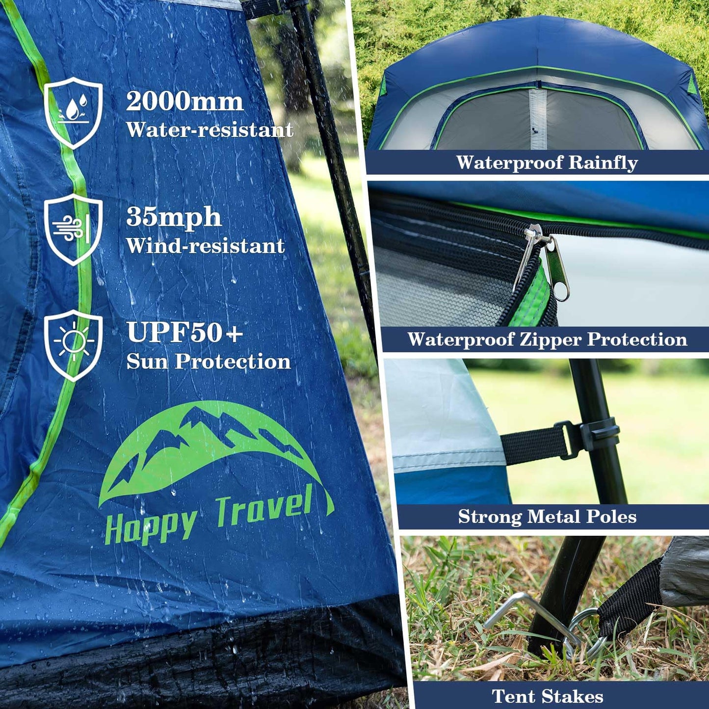 Happy Travel Tent 6 Person Tents for Camping, Waterproof Easy Setup Camping Tent with Rainfly, Portable Large Family Cabin Tent with 5 Large Mesh Windows and Carry Bag for Outdoor Camping & Hiking