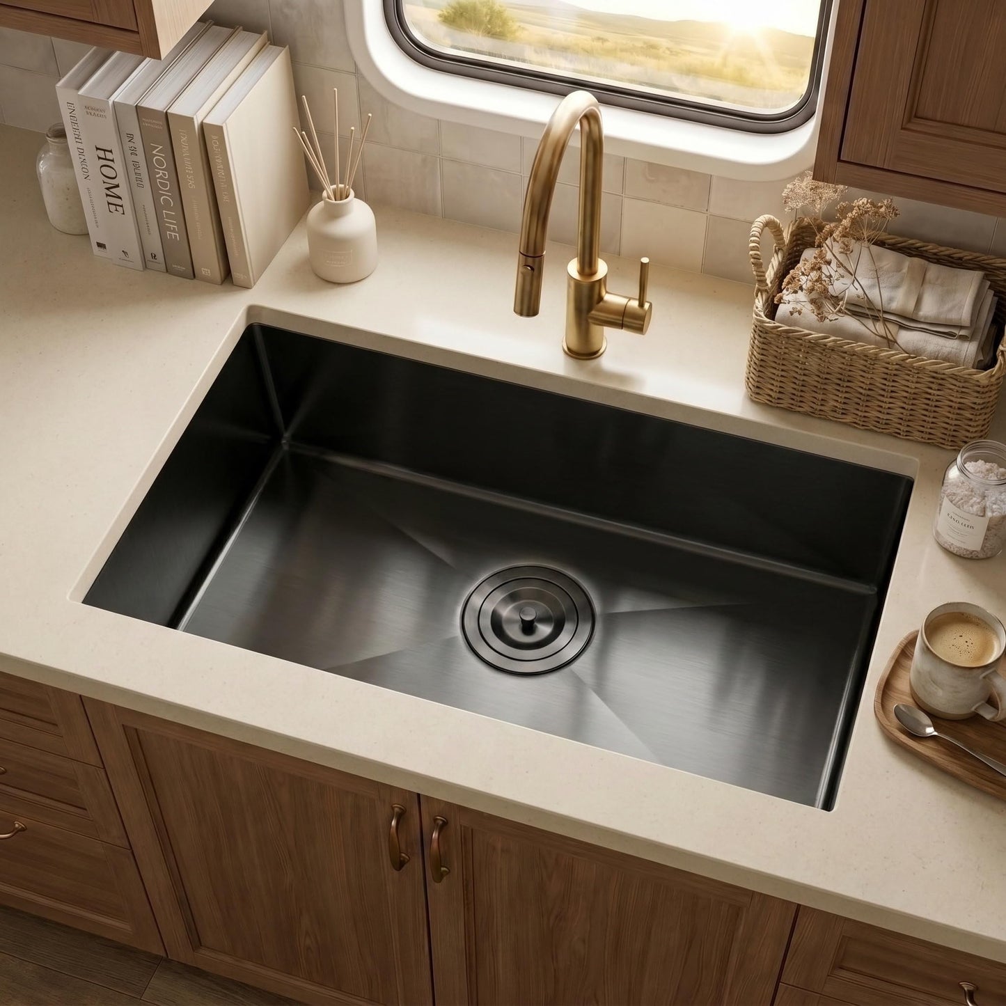 MILOSEN Black RV Kitchen Sink, 25''×15''×7'' 16 Gauge T304 Stainless Steel Drop-in/Undermount Black RV Sink, Single Bowl Sinks for Caravans/Campervans & Site Cabins, 7 inch Depth Outdoor Trailer Sinks