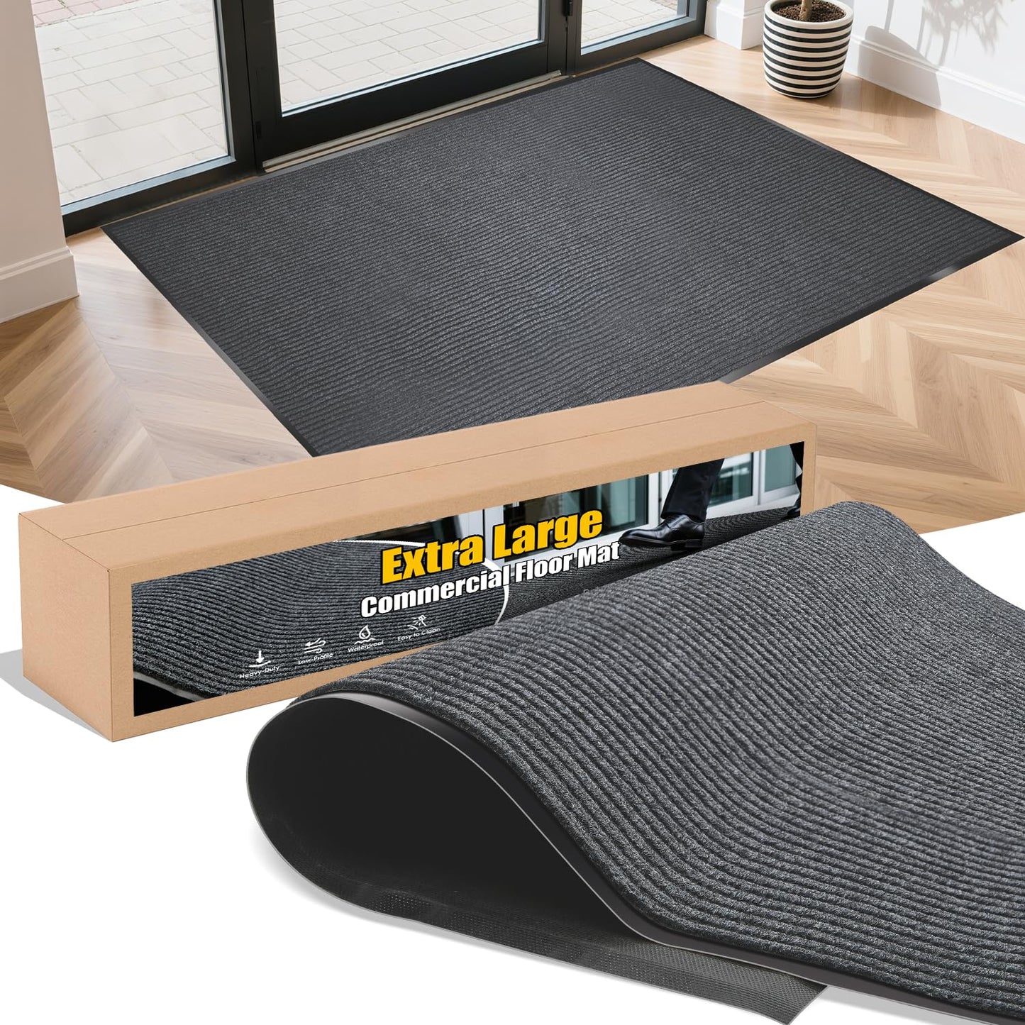 Extra Large Indoor/Outdoor Entrance Mat - 4 x 15 Feet, Rubber Border Door Mat Heavy Duty, Waterproof, Low-Profile, Easy to Clean, Rubber Entry Mat, Commercial Floor Mat, Charcoal Grey