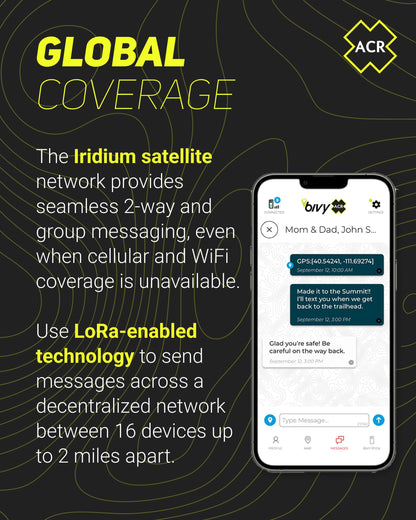 ACR Bivy Stick MESH Satellite Communicator - Dual-Mode LoRa®-Enabled Mesh & Global Iridium Coverage, Two-Way SMS, GPS Tracker, Group Messaging, SOS Emergency with 24hr Reserve Battery - iOS/Android