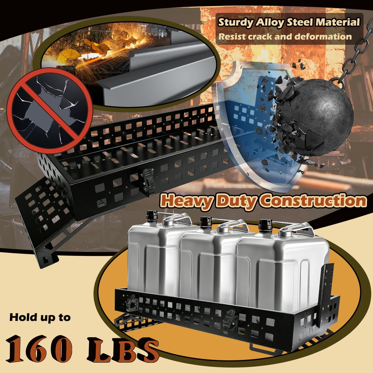 TOPOWN UTV Overbed Cargo Rack with Adjustable Mounting Brackets Accommodate Bed Rail Widths from 39.7”-56.3”(Inside Width), Molle Panel Sides UTV Bed Racks with Tool Clamps and Gas Can Mount