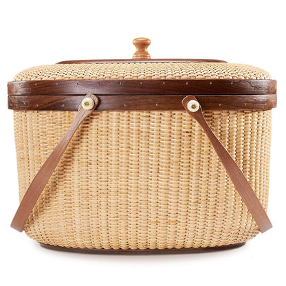 Teng Jin Nantucket Sewing Basket Purse, Containers with Dual Wood Handles .Cane-on-cane weave basket craft basket, with lid with handle