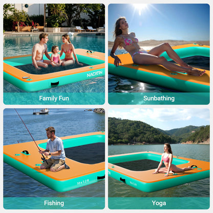 Inflatable Floating Dock, 10FT x 7.2FT Portable Inflatable Island Platform with Mesh Swim Area, fit 6-8 People, Eqiup Air Pump, Repair Kit & Carry Bag, for Swimming, Lake, Pool, Beach