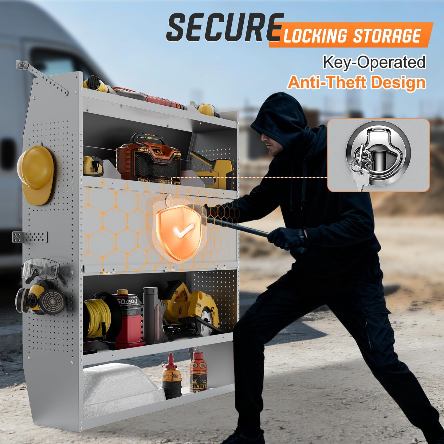 Cargo Van Shelving with Lockable Door Kits,Fit Transit, Nv, Promaster,Sprinter Mid/High Roof,Adjustable Heavy-Duty Steel Van Shelving Storage System W/Hooks & Ropes,52" W X 60" H X 13" D