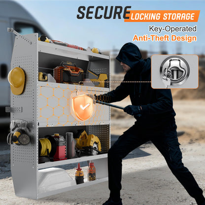 Cargo Van Shelving with Lockable Door Kits,Fit Transit, Nv, Promaster,Sprinter Mid/High Roof,Adjustable Heavy-Duty Steel Van Shelving Storage System W/Hooks & Ropes,52" W X 60" H X 13" D