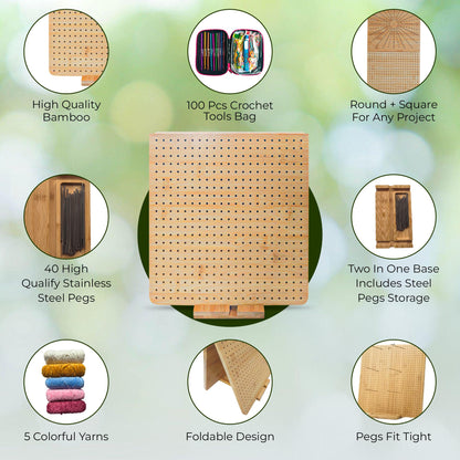 FRAVI Foldable Bamboo Crochet Blocking Board Kit – Dual-Sided Square & Circular Grid 22 × 11 in, 40 Pins + 100 Tools + 5 Yarn Skeins – All-in-One Crochet & Knitting Kit for Beginners & Crafters