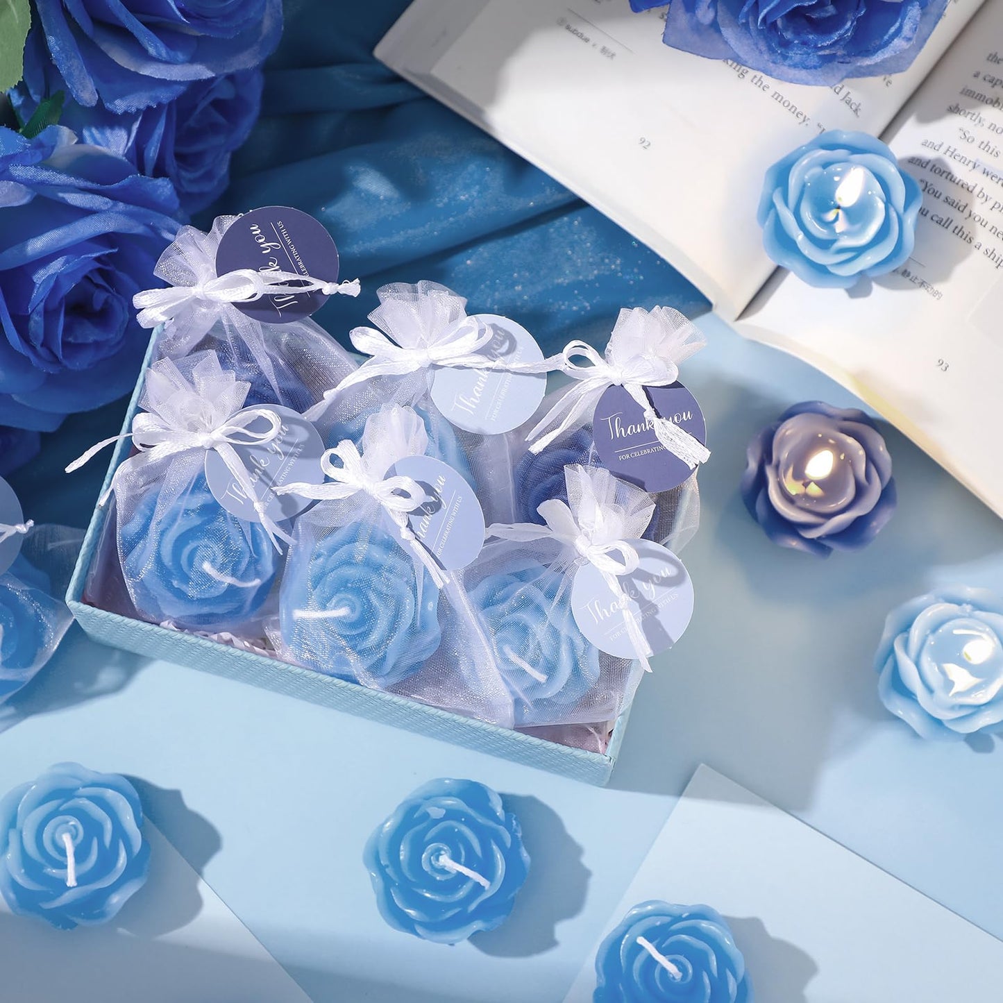 Treela 50 Set Flower Candles Wedding Favor for Guests Mini Blue Rose Shaped Tealight Candles for Return Gift Wedding Birthday Bridal Shower Housewarming Party