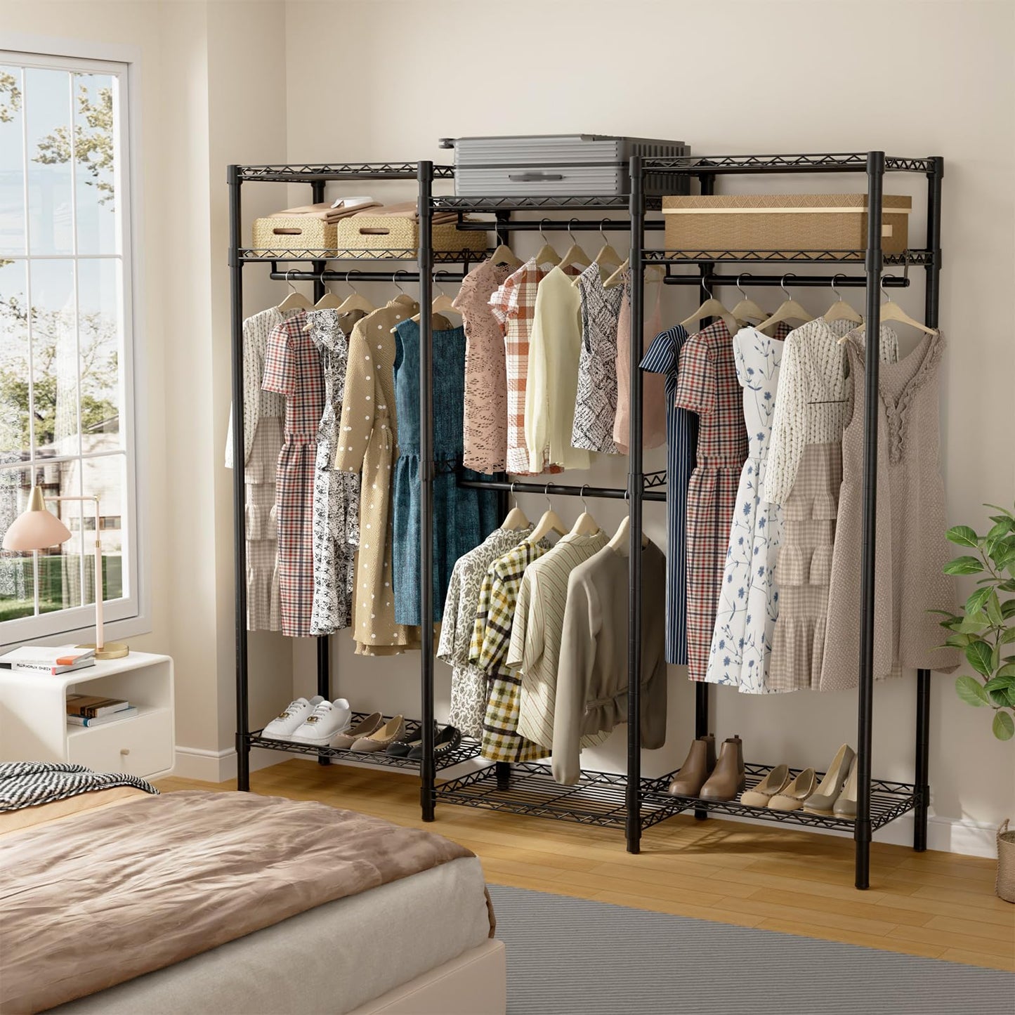 ROOMTEC Portable Closet Heavy Duty Clothes Rack Freestanding Wardrobe Closet Load 1000 LBS with Adjustable Wire Shelves, Hanging Rods, Hooks, 70.8" L x 15.1" W x 76.7" H, Black