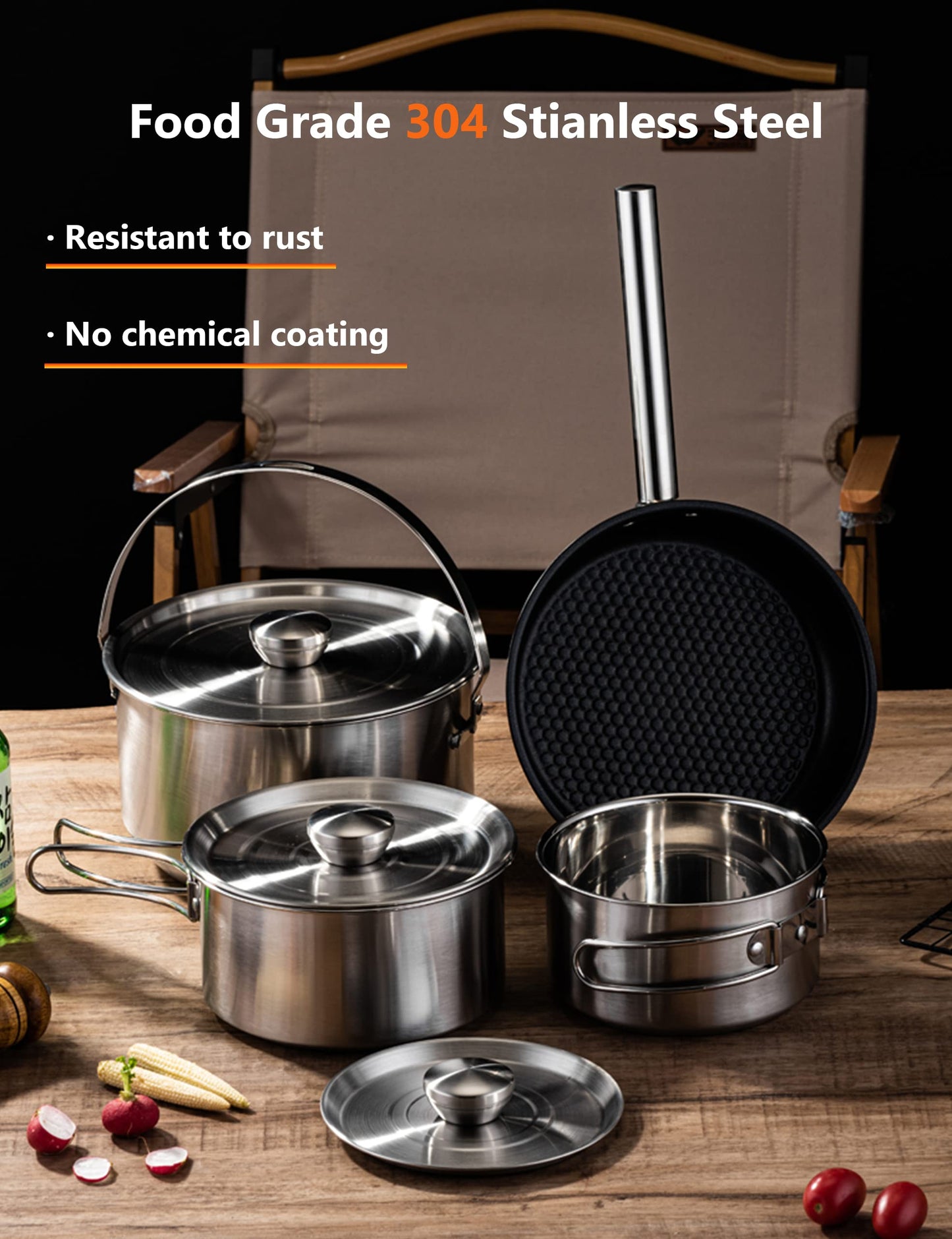 CretFine EssentialKit Camping Cookware Set Stainless Steel Pots and Pan with Detachable Handle and Oxford Cloth Bag for 4-8, Perfect for Openfire Camp Kitchen, Picnic, BBQ, Traveling, Emergency