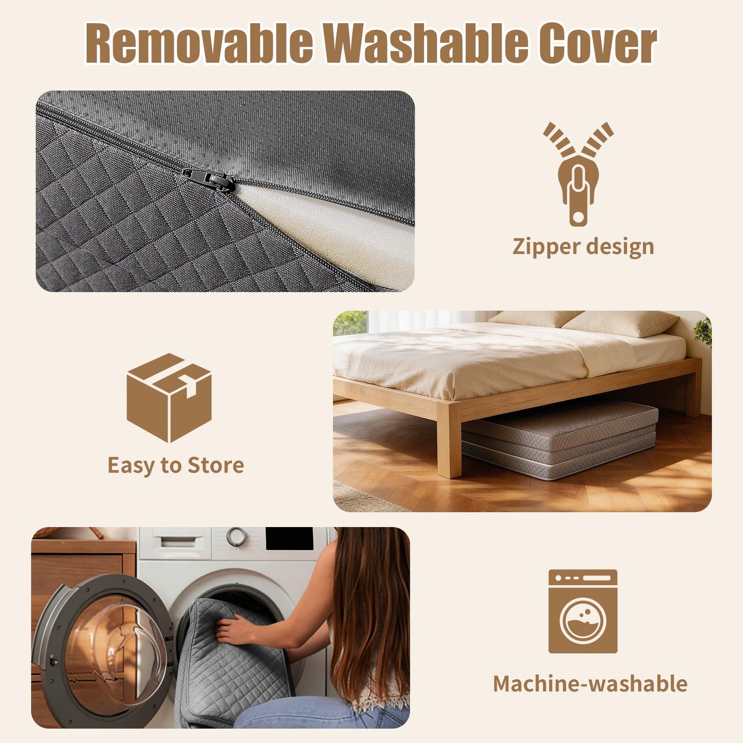 Tri-Folding Mattress, 3 Inch Portable Folding Mattress Topper with a Collapsible and Washable Cover, Portable Floor Bed for Travel, Fold Up Guest Bed, Camping and Yoga (Queen, Gray)