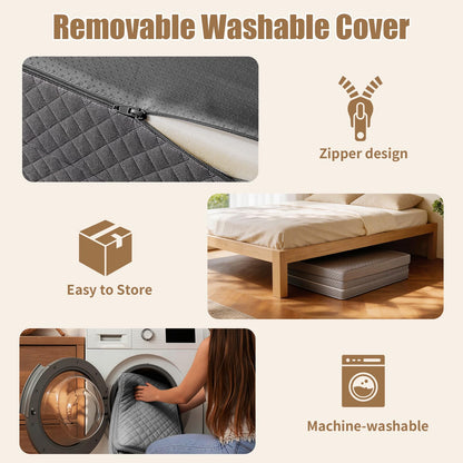 Tri-Folding Mattress, 3 Inch Portable Folding Mattress Topper with a Collapsible and Washable Cover, Portable Floor Bed for Travel, Fold Up Guest Bed, Camping and Yoga (Queen, Gray)