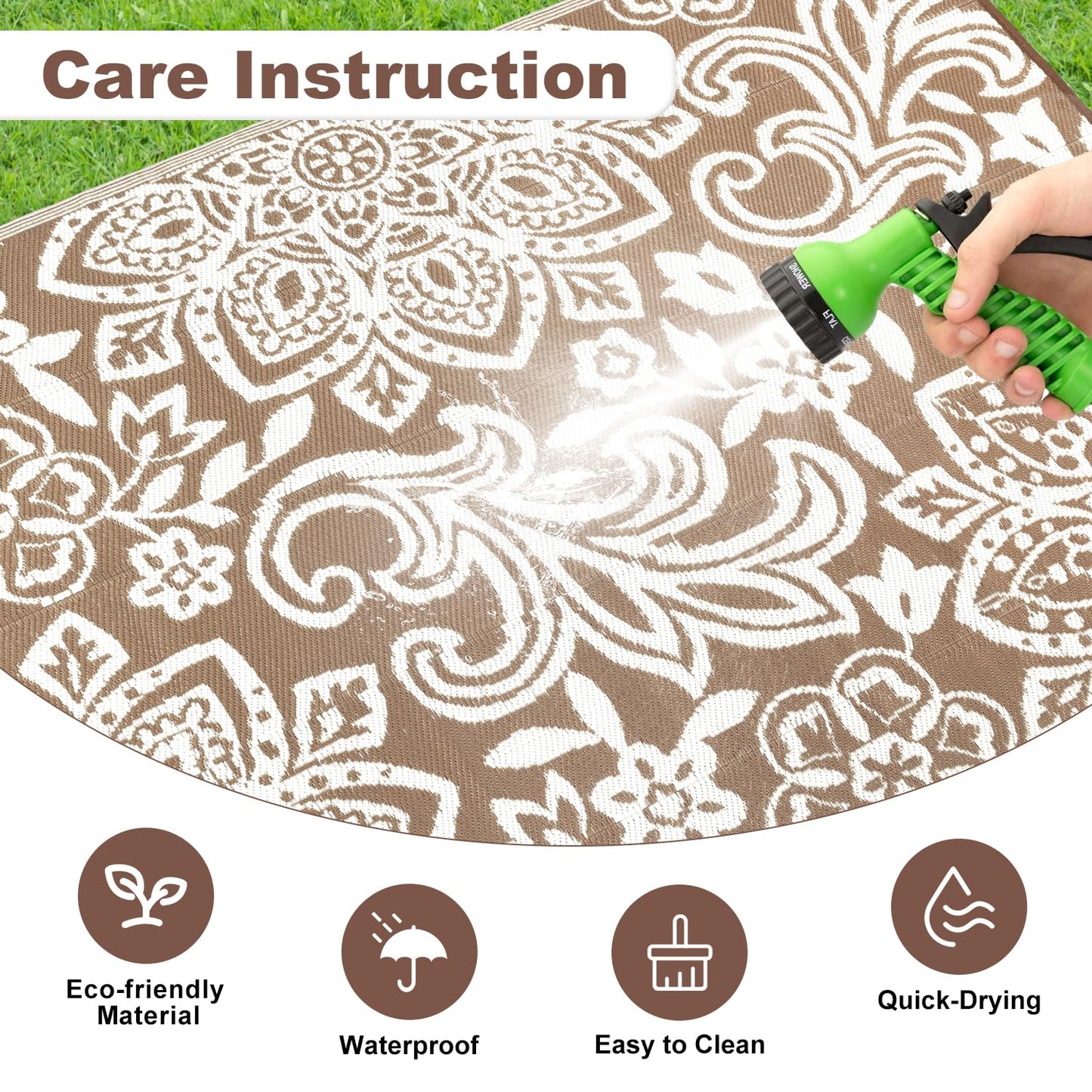 Findosom Waterproof Outdoor Rug 9' x 18' - Reversible Mandala Outdoor Plastic Straw Rug, Durable Foldable Patio Rug for RV, Deck, Balcony, Backyard, Picnic, Porch, Camping, Beach, Brown