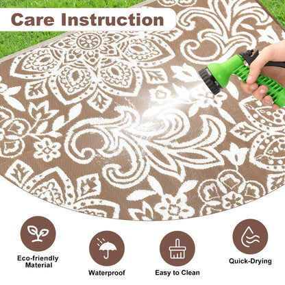Findosom Waterproof Outdoor Rug 9' x 18' - Reversible Mandala Outdoor Plastic Straw Rug, Durable Foldable Patio Rug for RV, Deck, Balcony, Backyard, Picnic, Porch, Camping, Beach, Brown