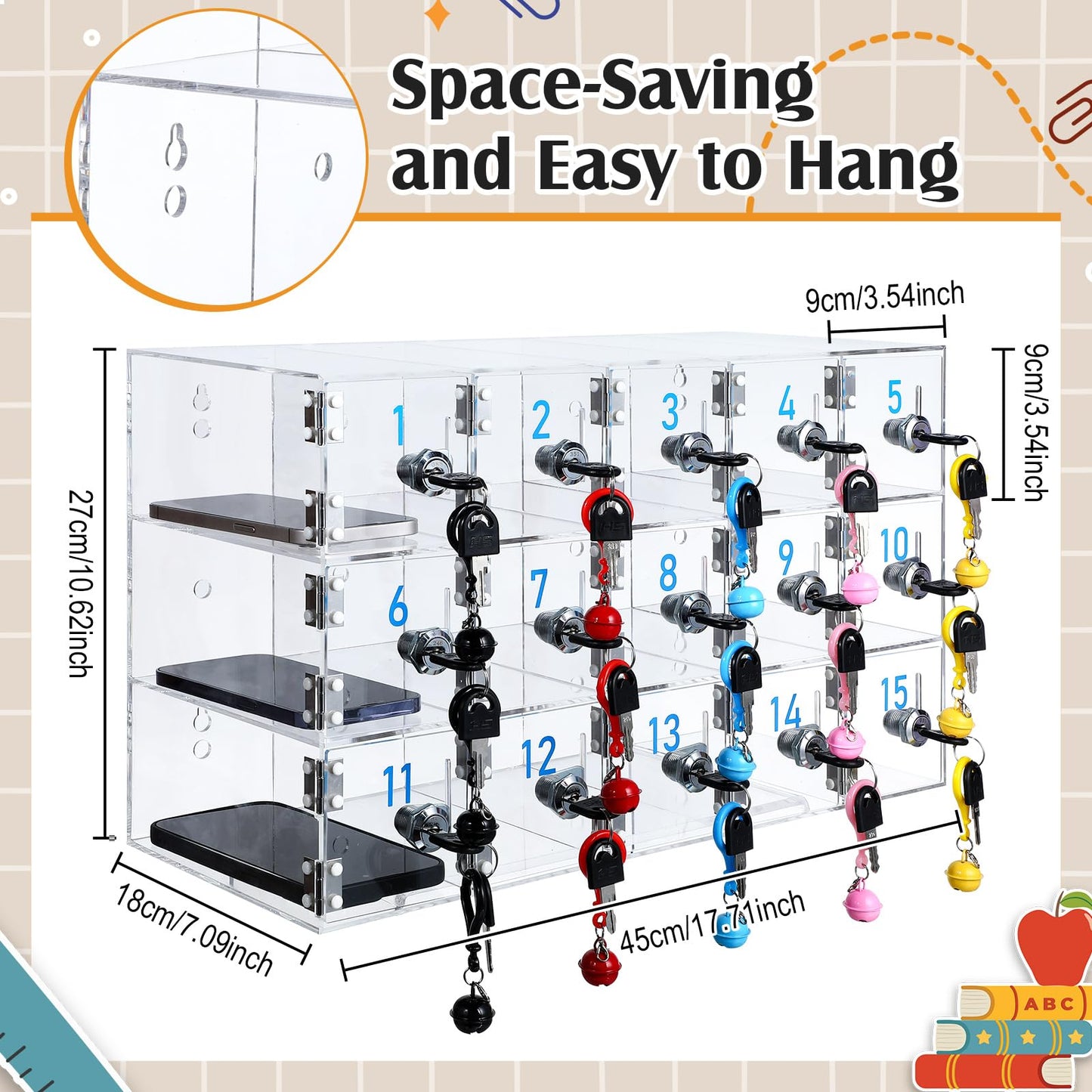 Singhoow 15 Doors Cell Phone Locker Box with Charging Hole (Upgrade Size), Clear Acrylic Cell Phone Storage Cabinet Wall Mounted, Locks, Key, Number for Classroom Employee Office School Factory