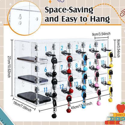 Singhoow 15 Doors Cell Phone Locker Box with Charging Hole (Upgrade Size), Clear Acrylic Cell Phone Storage Cabinet Wall Mounted, Locks, Key, Number for Classroom Employee Office School Factory
