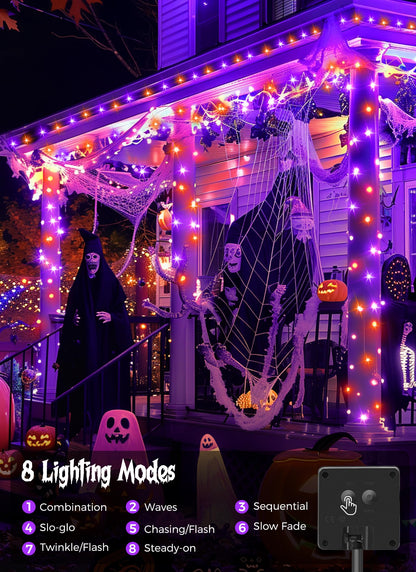 Minetom Halloween Solar String Lights - 400 LED, 8 Lighting Modes, IP65 Waterproof, 40 FT 4 Pack, Orange and Purple