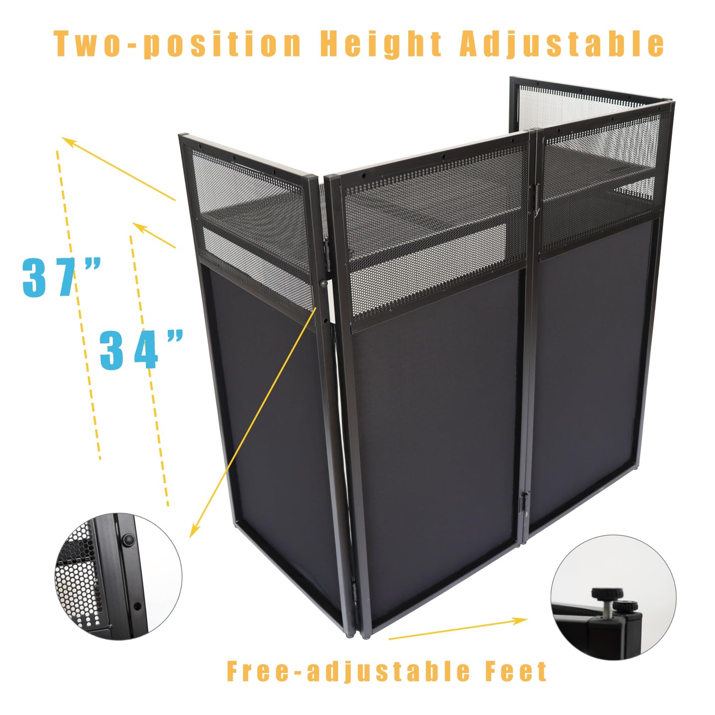 Sardoxx Portable DJ Booth DJ Facade DJ Table Station Two-position Height Adjustable Tabletop DJ Table Stand DJ Event Booth w/Travel Bag Black&White Scrims For Gig, Party, Show