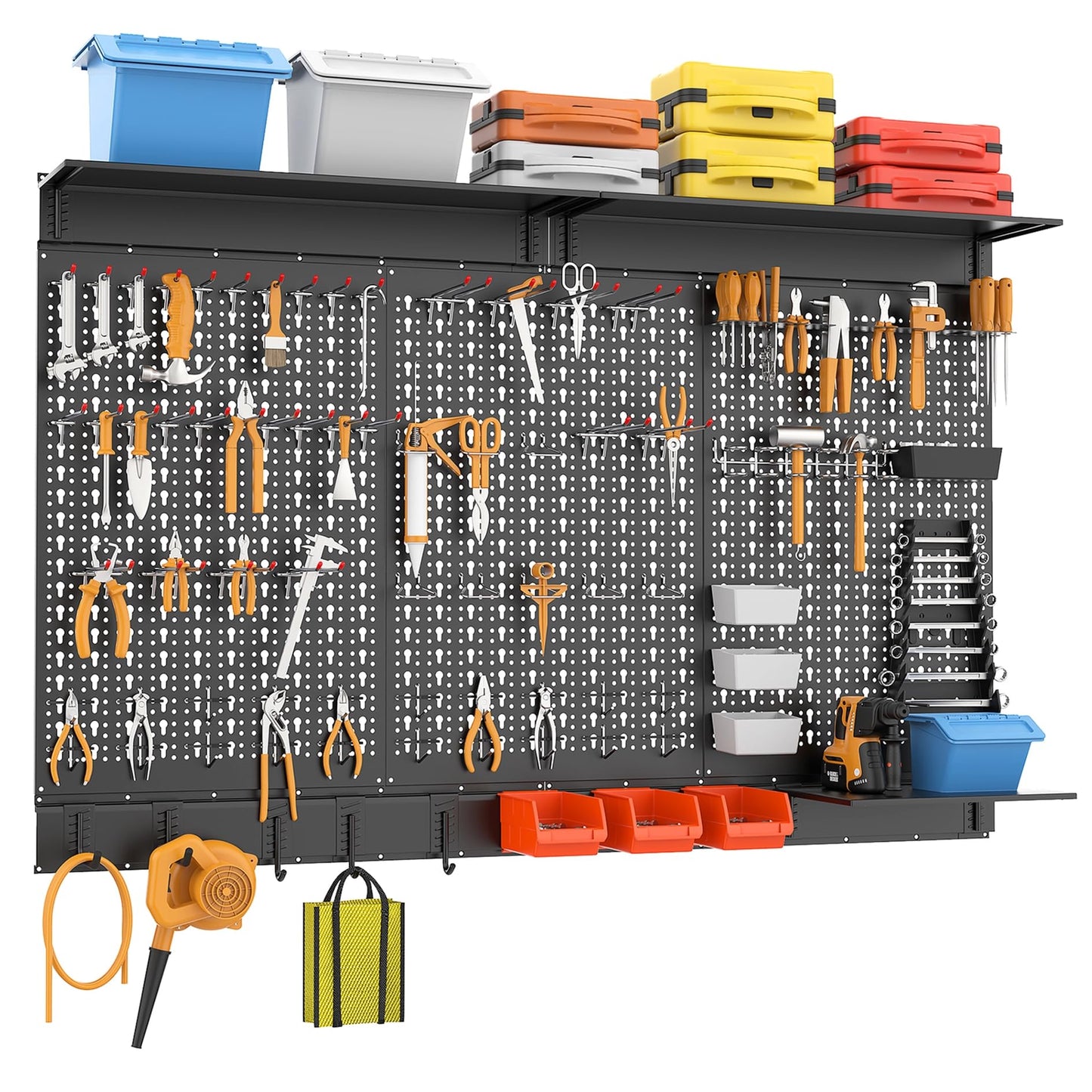 WALMANN 113 PCS Pegboard Wall Organizer Kit with Pegboard Hooks, Bins, Shelves, Pegboard Tools Storage System for Garage, Workbench, Modular Peg Board Tool Organizer Board with Hooks(Black)