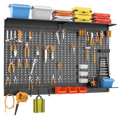 WALMANN 113 PCS Pegboard Wall Organizer Kit with Pegboard Hooks, Bins, Shelves, Pegboard Tools Storage System for Garage, Workbench, Modular Peg Board Tool Organizer Board with Hooks(Black)